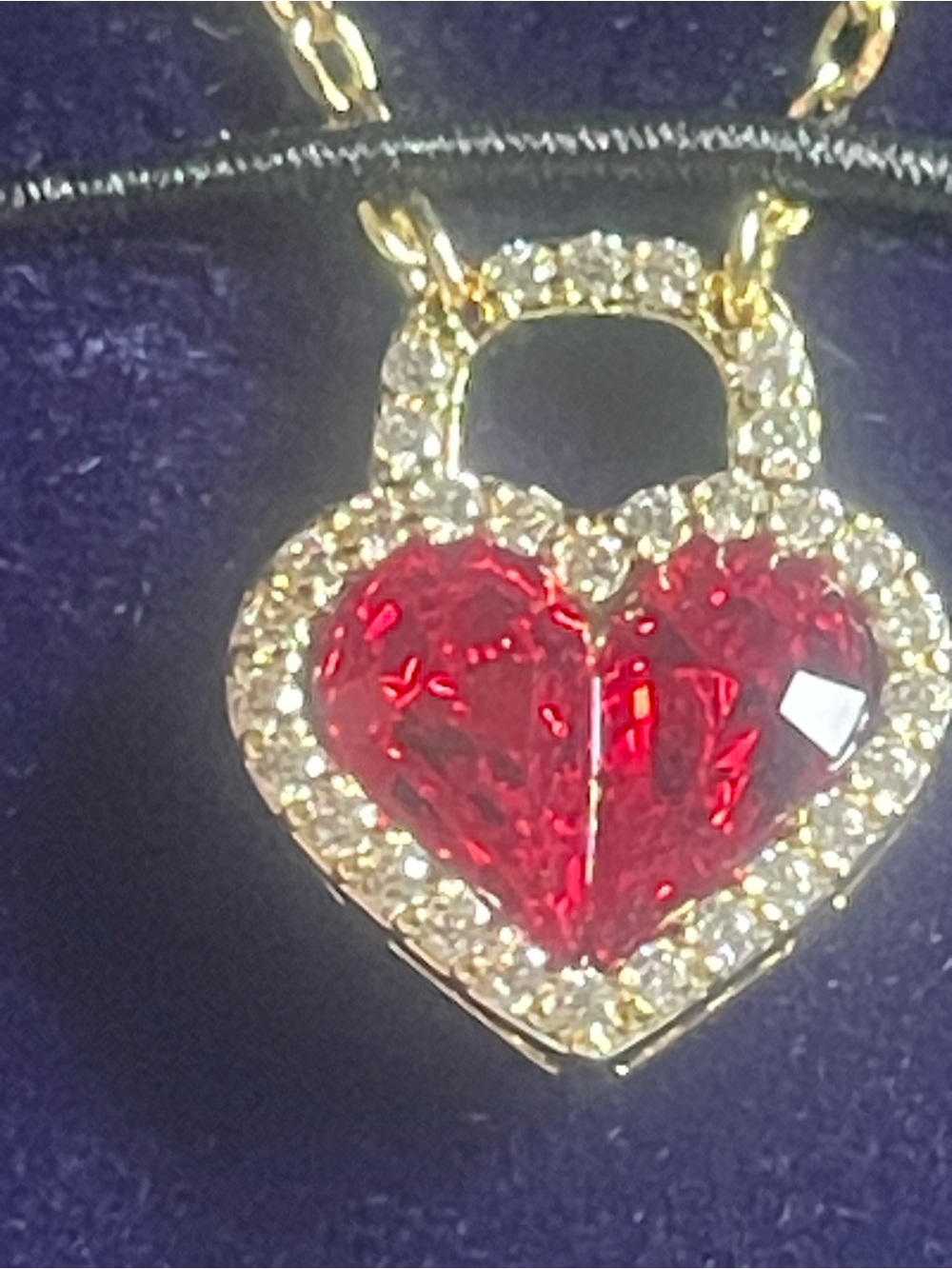 Brand New Gold Plated Heart Lock Ruby CZ Necklace 18 Inch